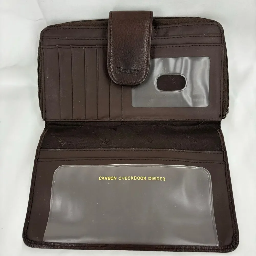 Rolfs Checkbook Wallet Brown Leather Zip Around Magnetic‎ Snap 7.5 x 4 Inch